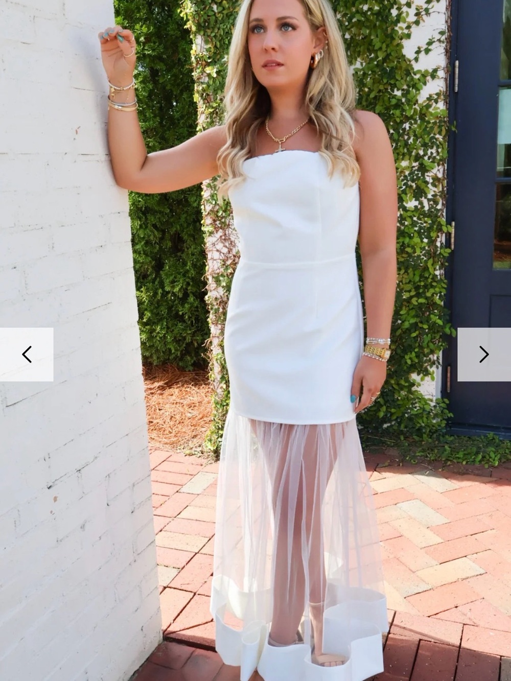 Strapless White Mesh Midi Dress